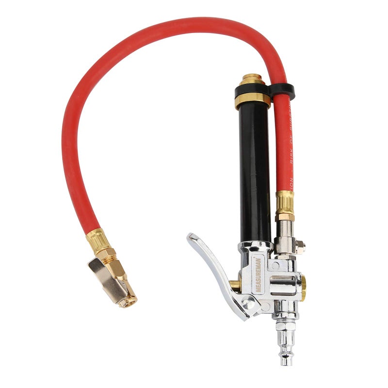MEASUREMAN Heavy Duty Bayonet Style Tire Inflator, Aluminum Body, 20" Red Hose, Clip On Air Chuck, Aluminum Slide, Range 10-130psi/kpa - Image 1